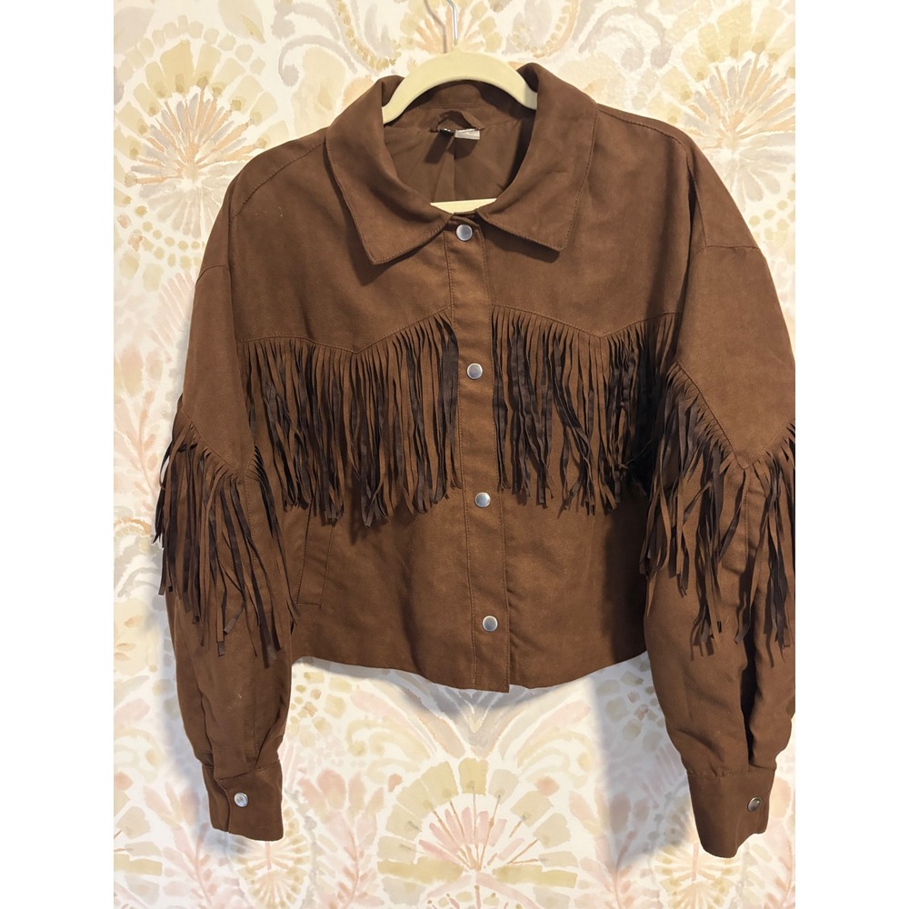 H&M Divided Brown Faux Suede Fringe Western Jacket Womens XL Cropped Snap Front